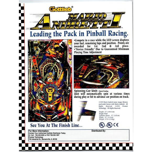 Mario Andretti Pinball Flyer Original Auto Sports Car Racing Artwork 1995 - Picture 2 of 2